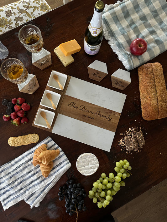 The Slyce Elegance | 12x16 Inch Marble and Acacia Charcuterie Board with 4 Piece Knife Set & Ceramic Bowls